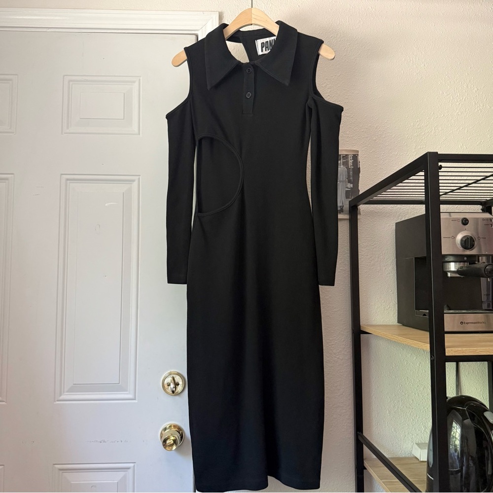 PANN black knit cutout asymmetrical long sleeve bodycon midi dress